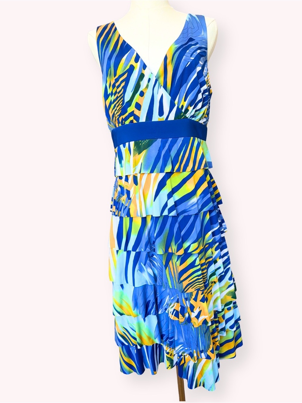 Frank Lyman Tiered Ruffle Tropical Midi Dress Blue Yellow Size 10